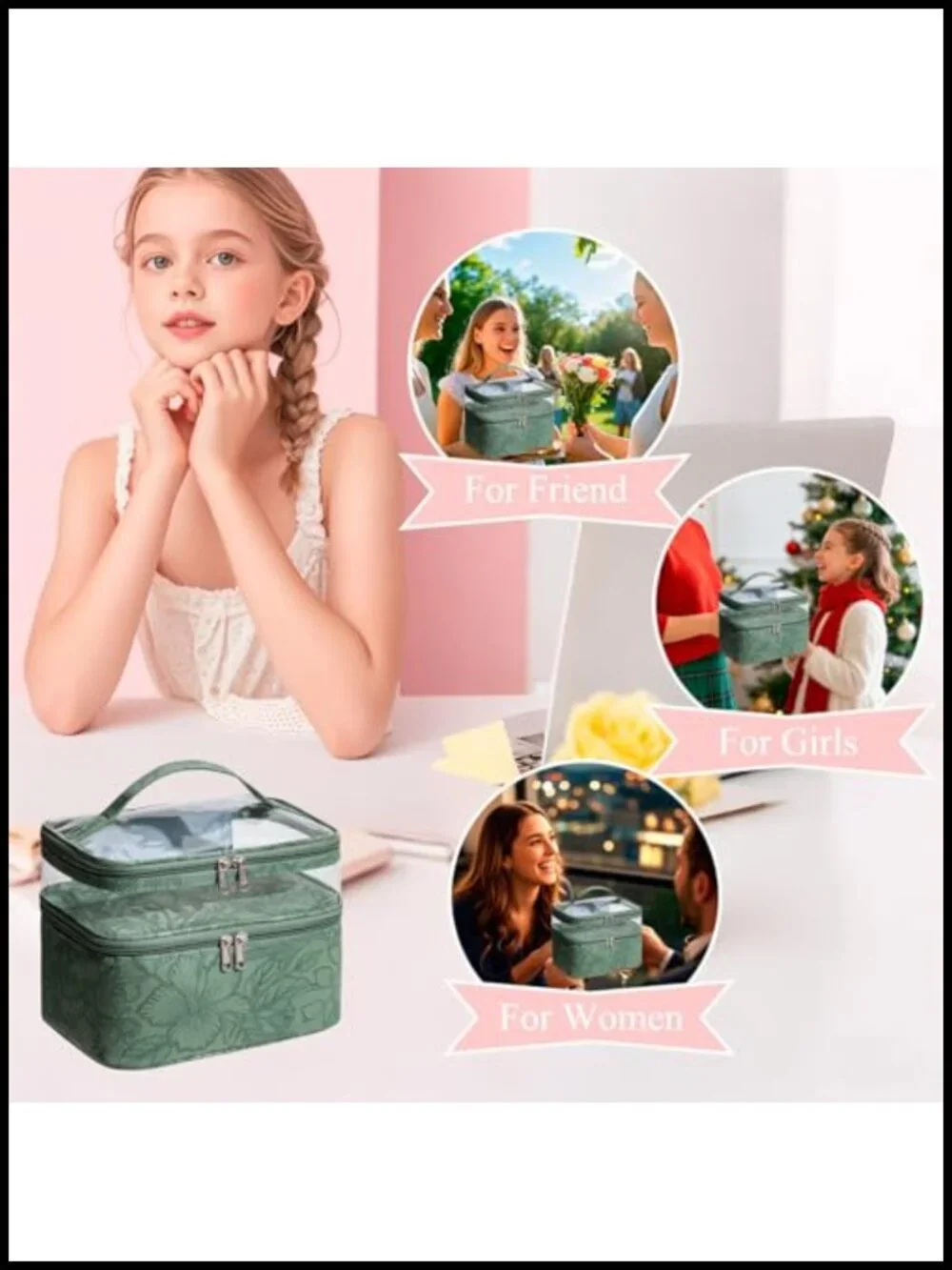 Double Layer Cosmetic Makeup Bag with Brush Storage, Waterproof Leather Floral